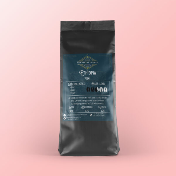 A bag of freshly roasted coffee from the region of Limu in Ethiopia from Merriness Coffee